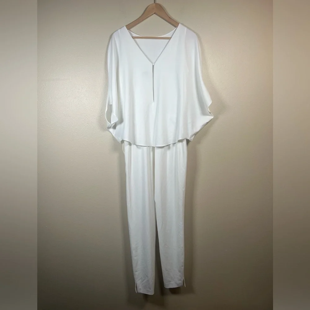 Halston Draped Sleeve Tapered Leg Crepe Jumpsuit White Size 0 - Picture 9 of 16
